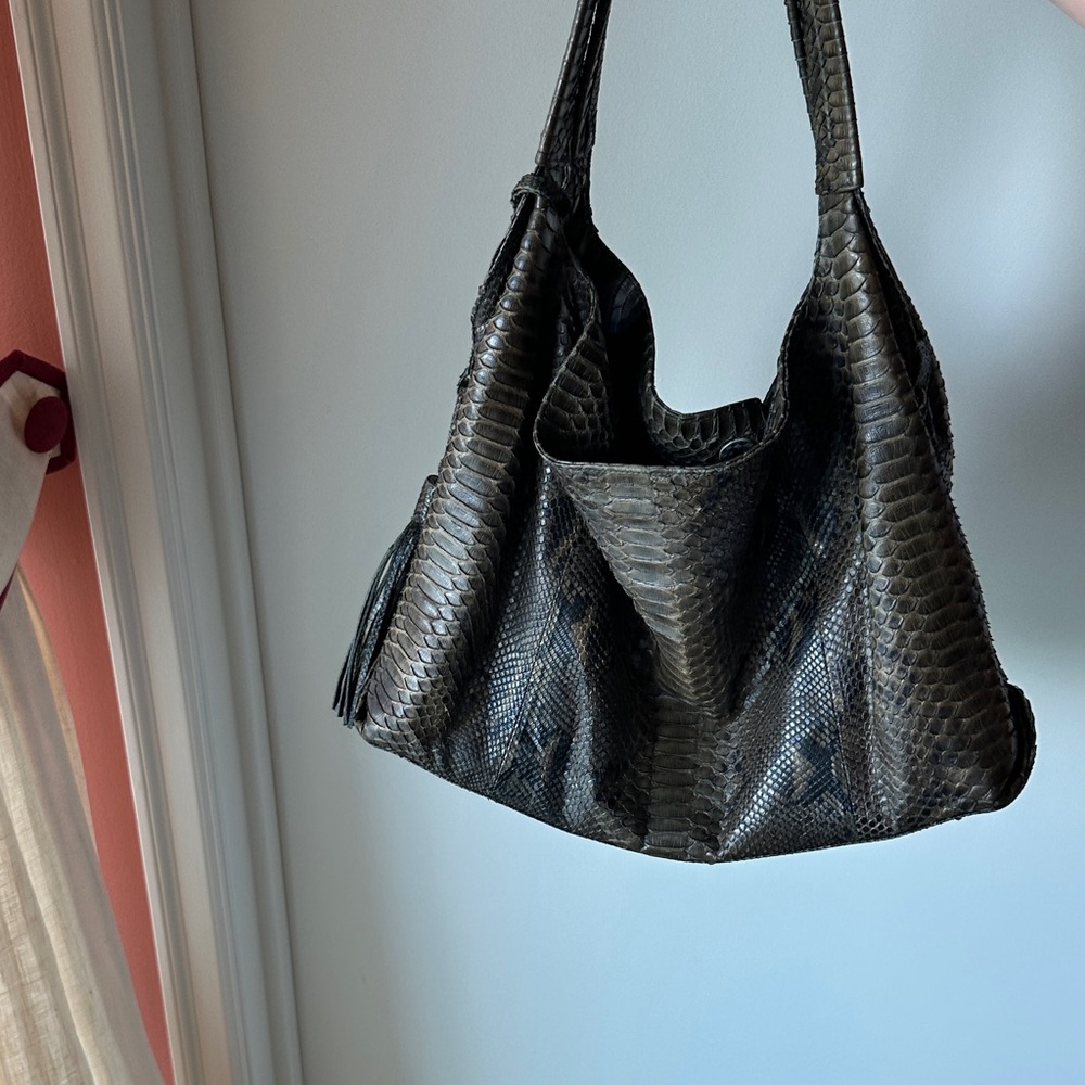 Black/green genuine Python skin Shoulder Bag with… - image 3